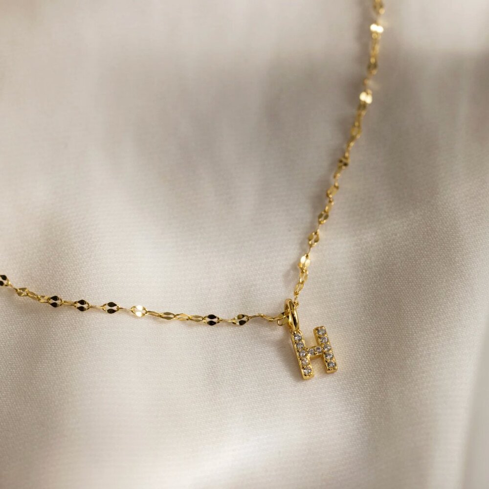 Caitlyn Minimalist Dainty Pave "H" necklace 18K